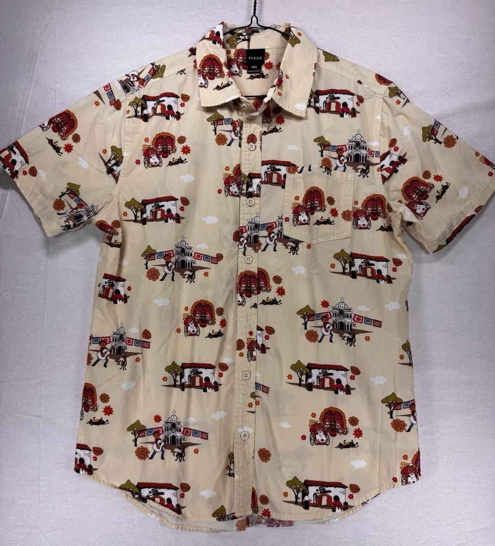 Pixar Disney Men's Coco Theme Guitar Button Down Hawaiian Shirt Medium A178
